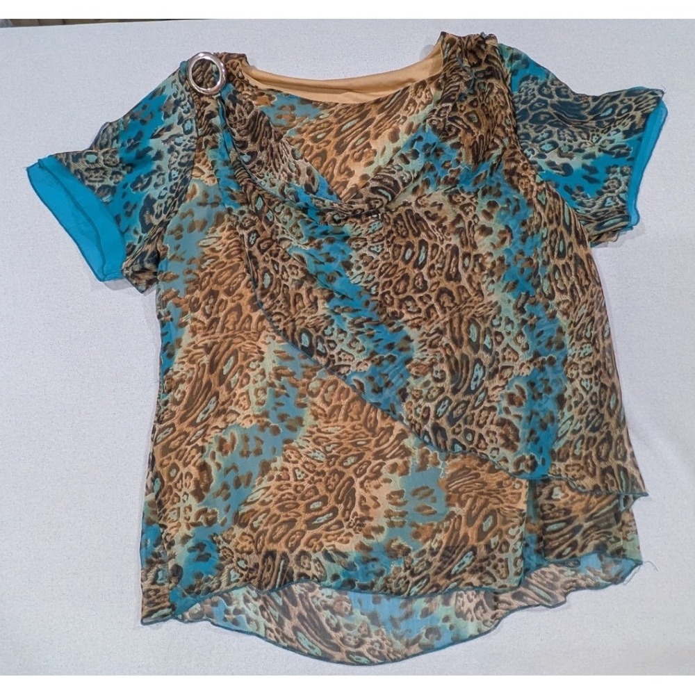 Vie Leopard Print Blouse Women 46 Turquoise Brown Excellent Cowl Neck Chiffon